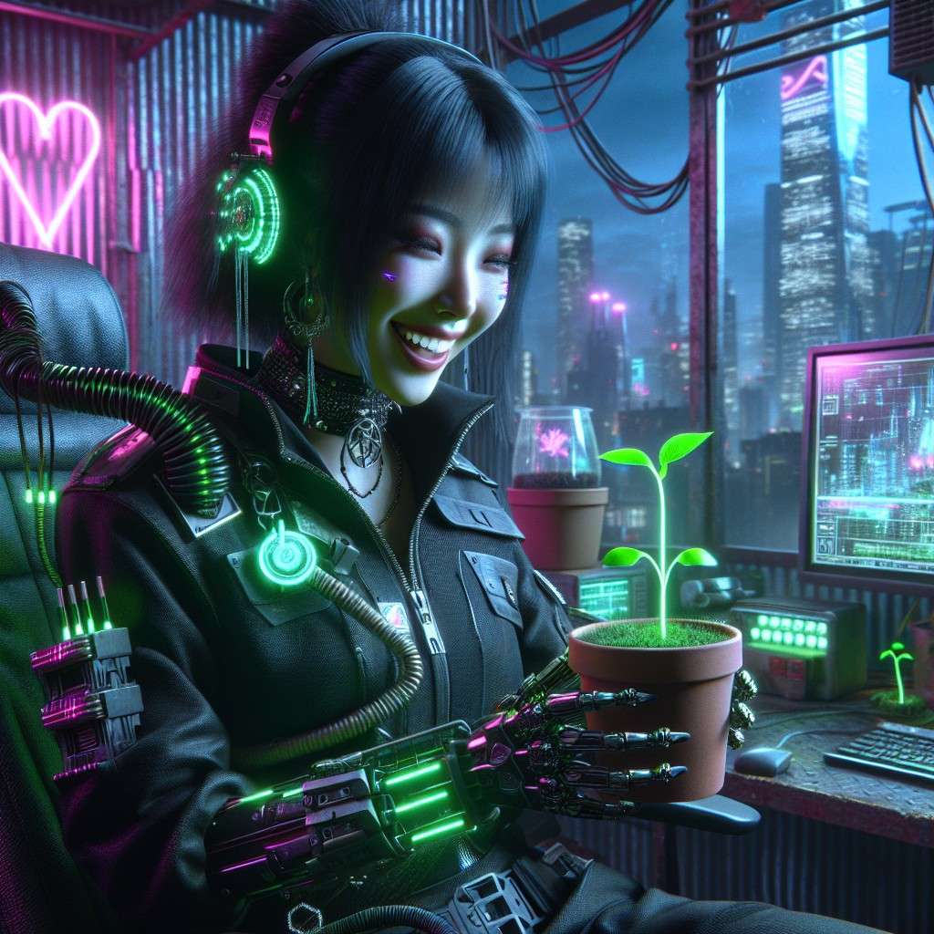 Cyberpunk Scene with Woman and Potted Plant