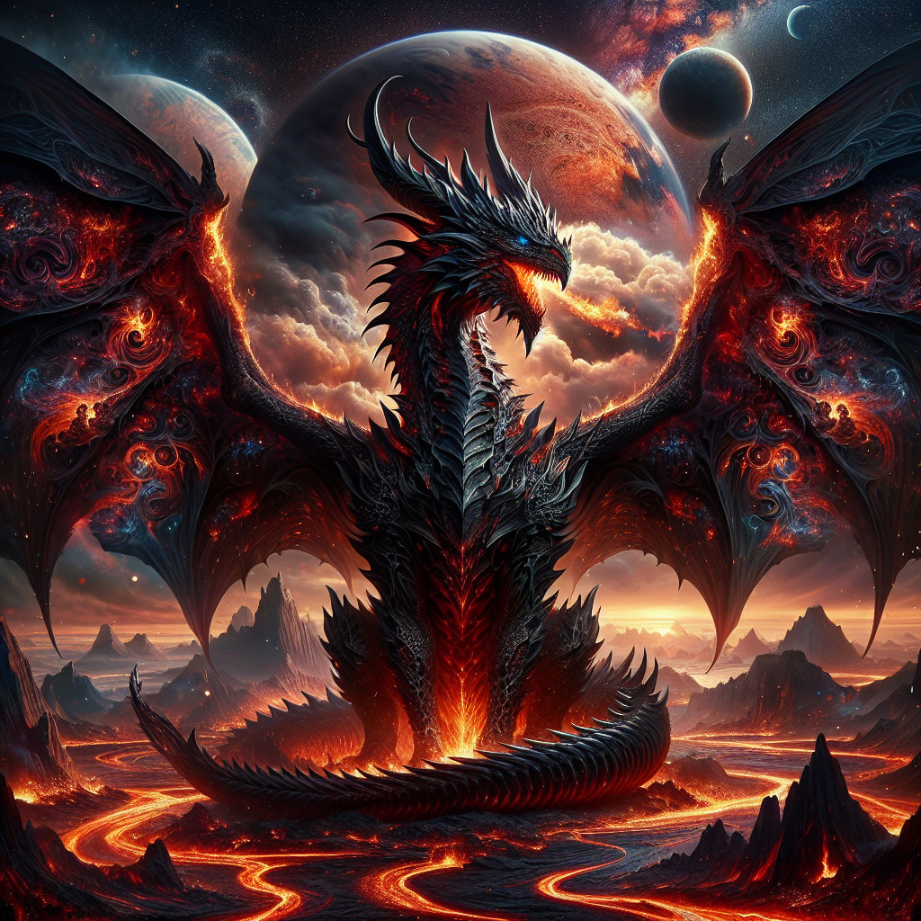 Majestic dragon in a fiery landscape with cosmic backdrop