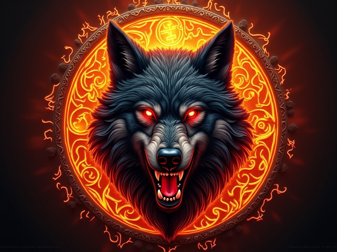 Wolf's Head with Glowing Eyes on Orange Background