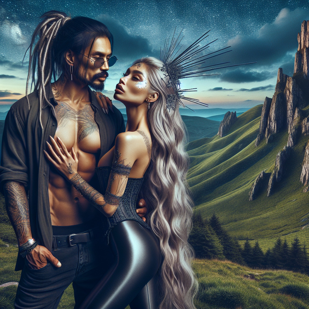 Couple in Lush Landscape Under Starry Sky