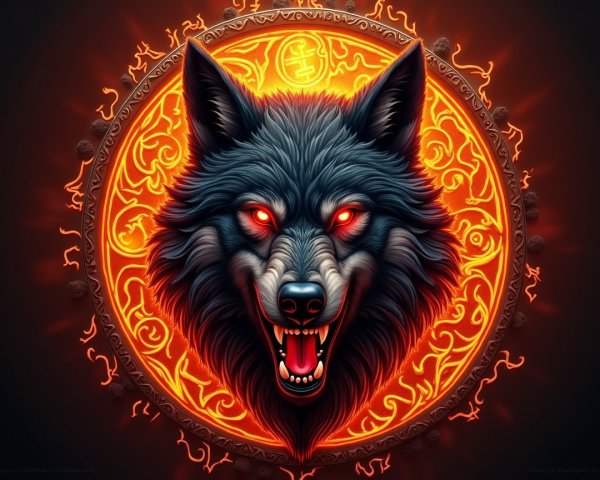 Wolf's Head with Glowing Eyes on Orange Background