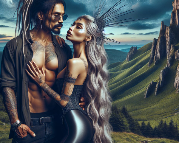 Couple in Lush Landscape Under Starry Sky