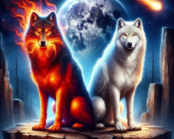 Dramatic Illustration of Wolves with Cosmic Elements
