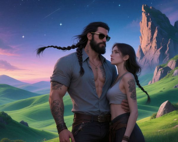 Nighttime Embrace in a Starry Field with Mountains