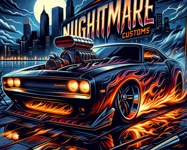 Sleek Black Muscle Car with Flame Decals at Night