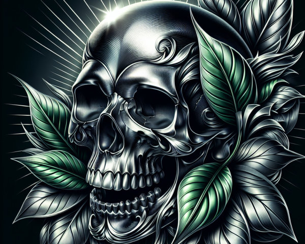 Intricate Silver Skull Surrounded by Green Leaves