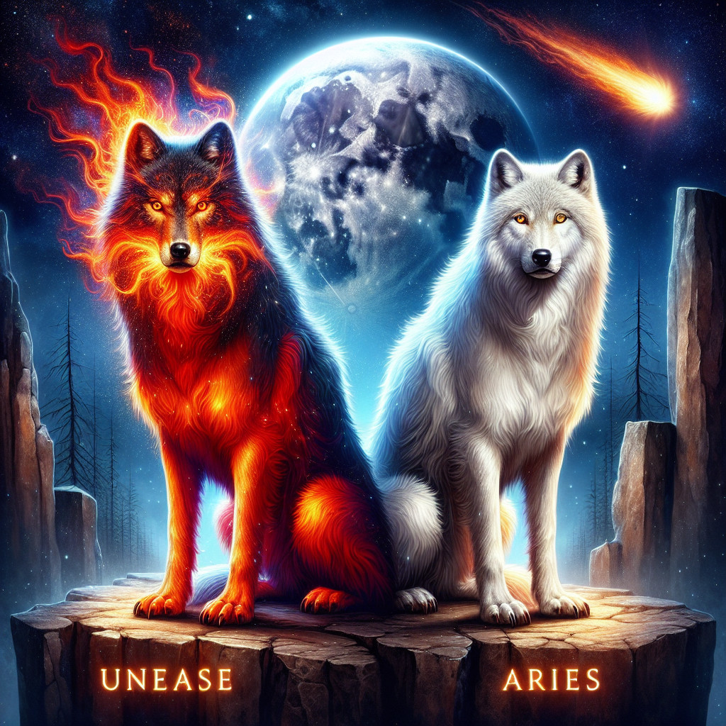 Dramatic Illustration of Wolves with Cosmic Elements