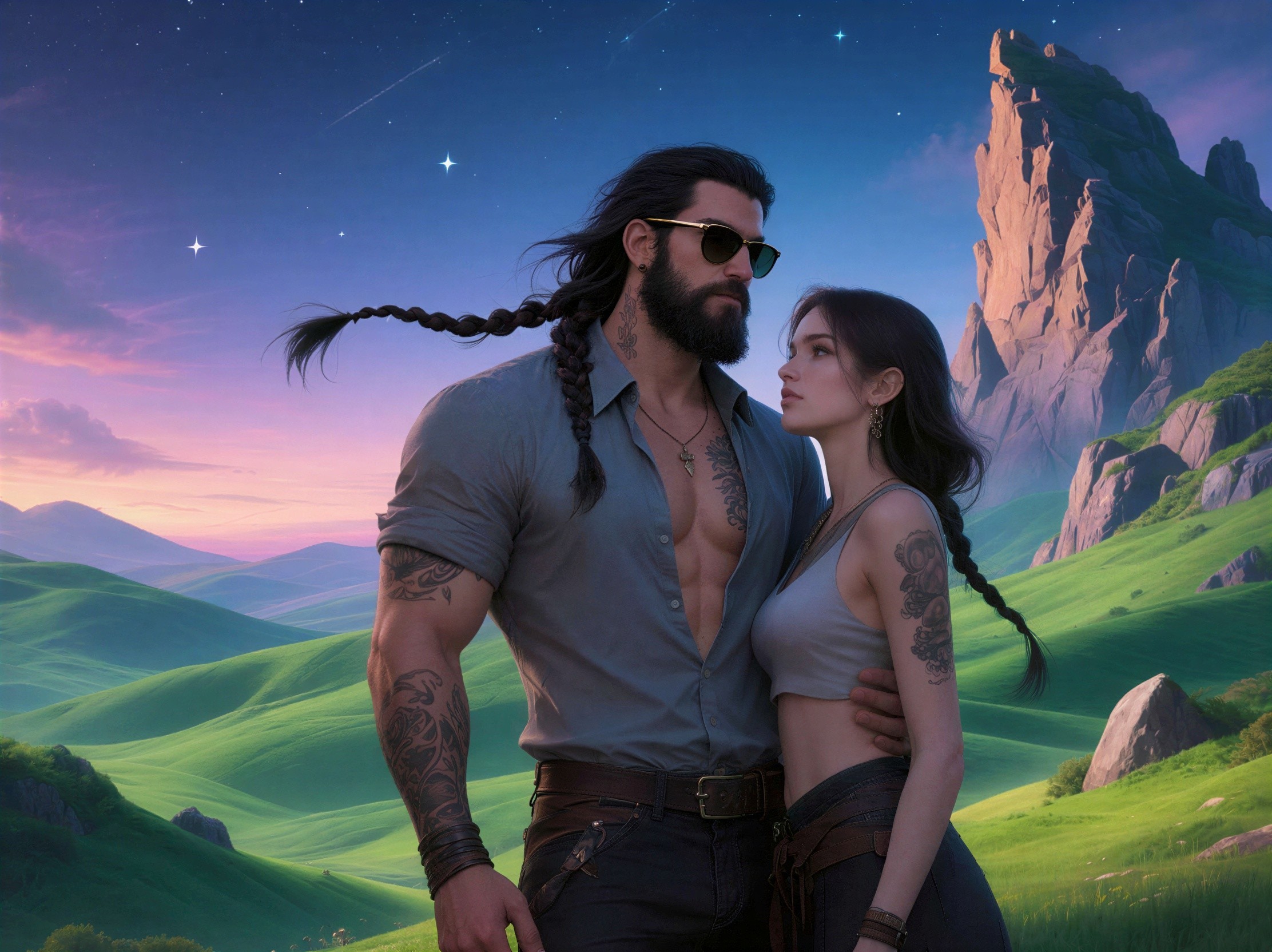 Nighttime Embrace in a Starry Field with Mountains