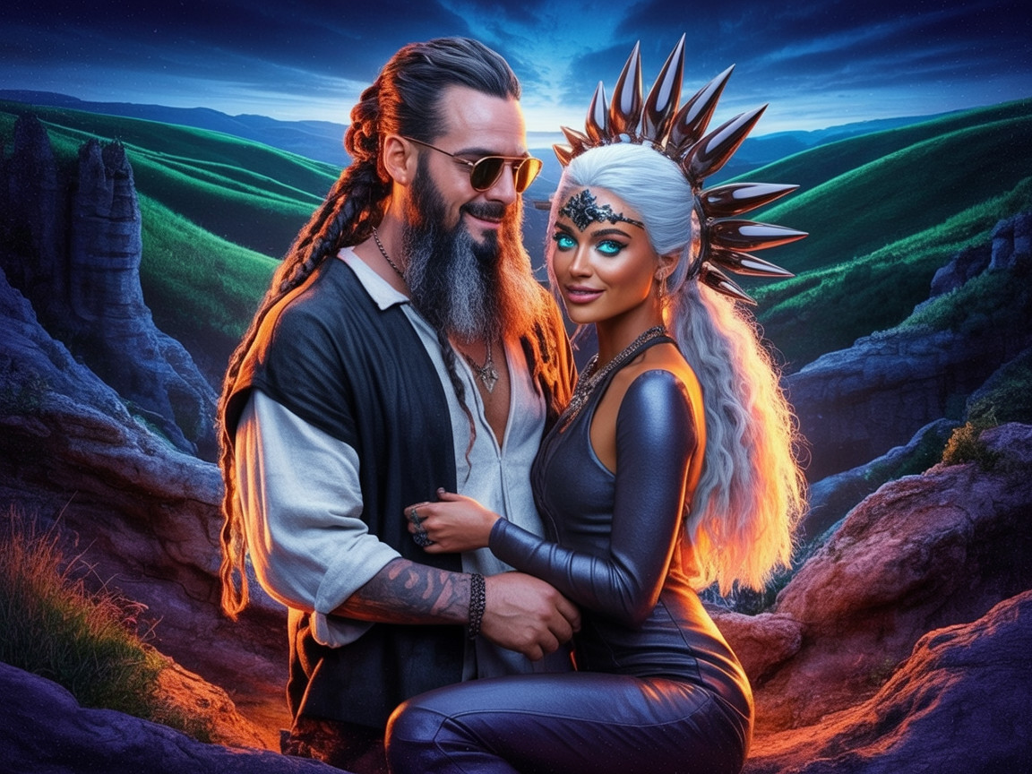 Couple in Twilight Landscape with Dramatic Fashion Elements