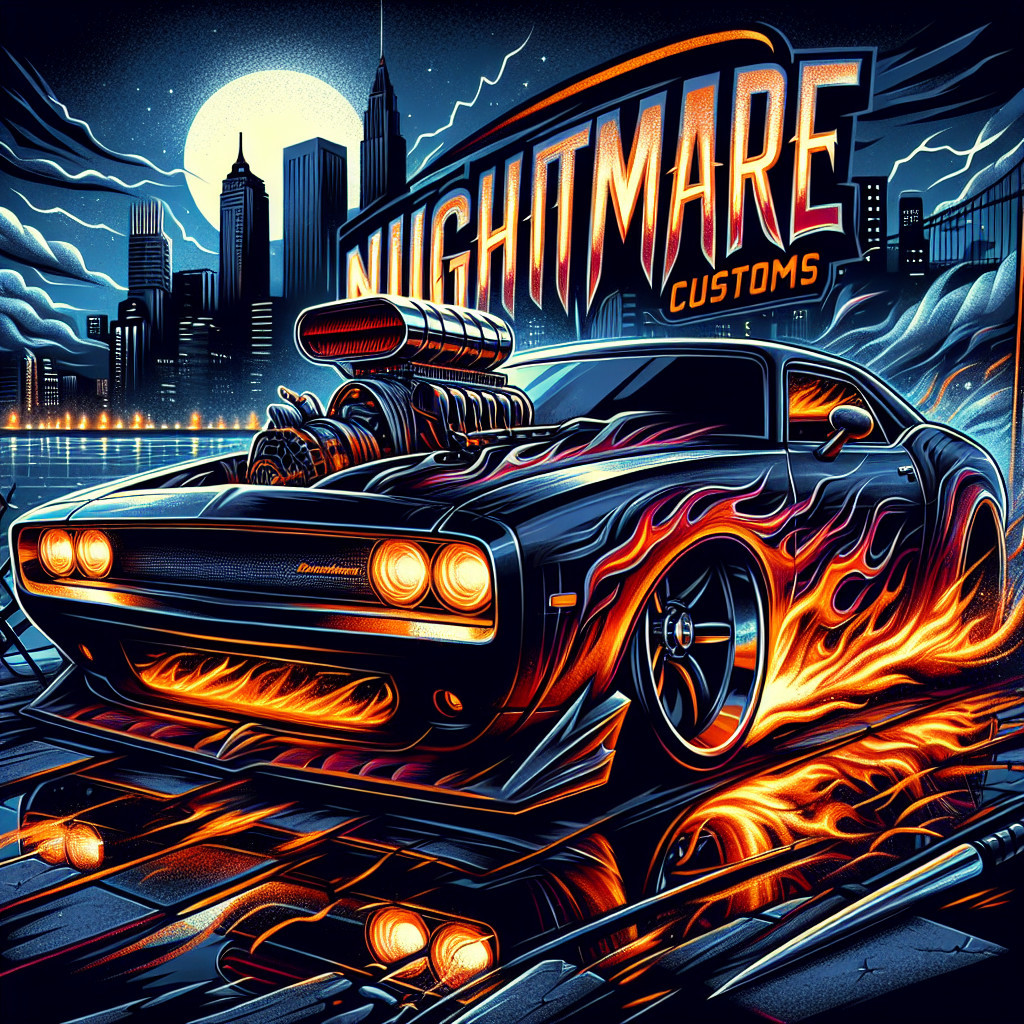 Sleek Black Muscle Car with Flame Decals at Night