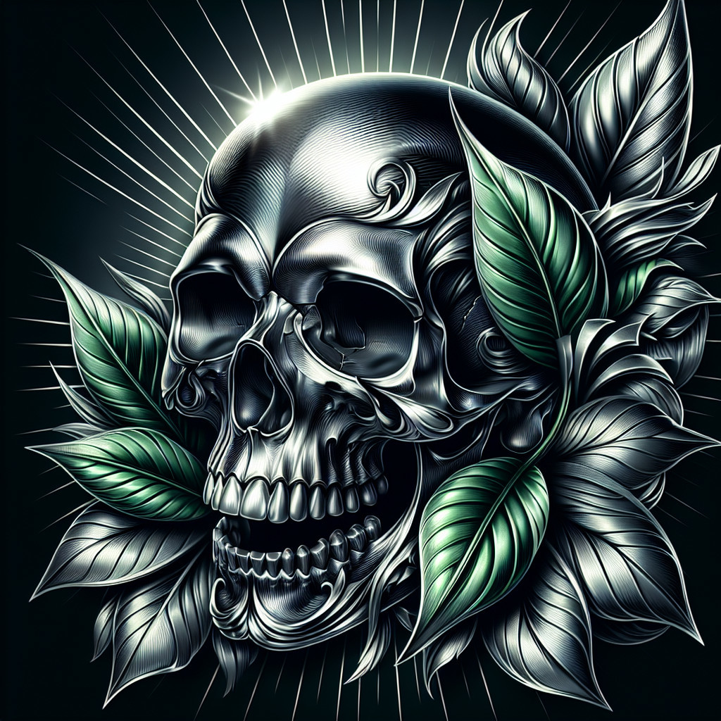 Intricate Silver Skull Surrounded by Green Leaves