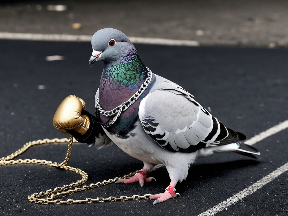 Pigeon in Gold Glove and Chain on Black Pavement
