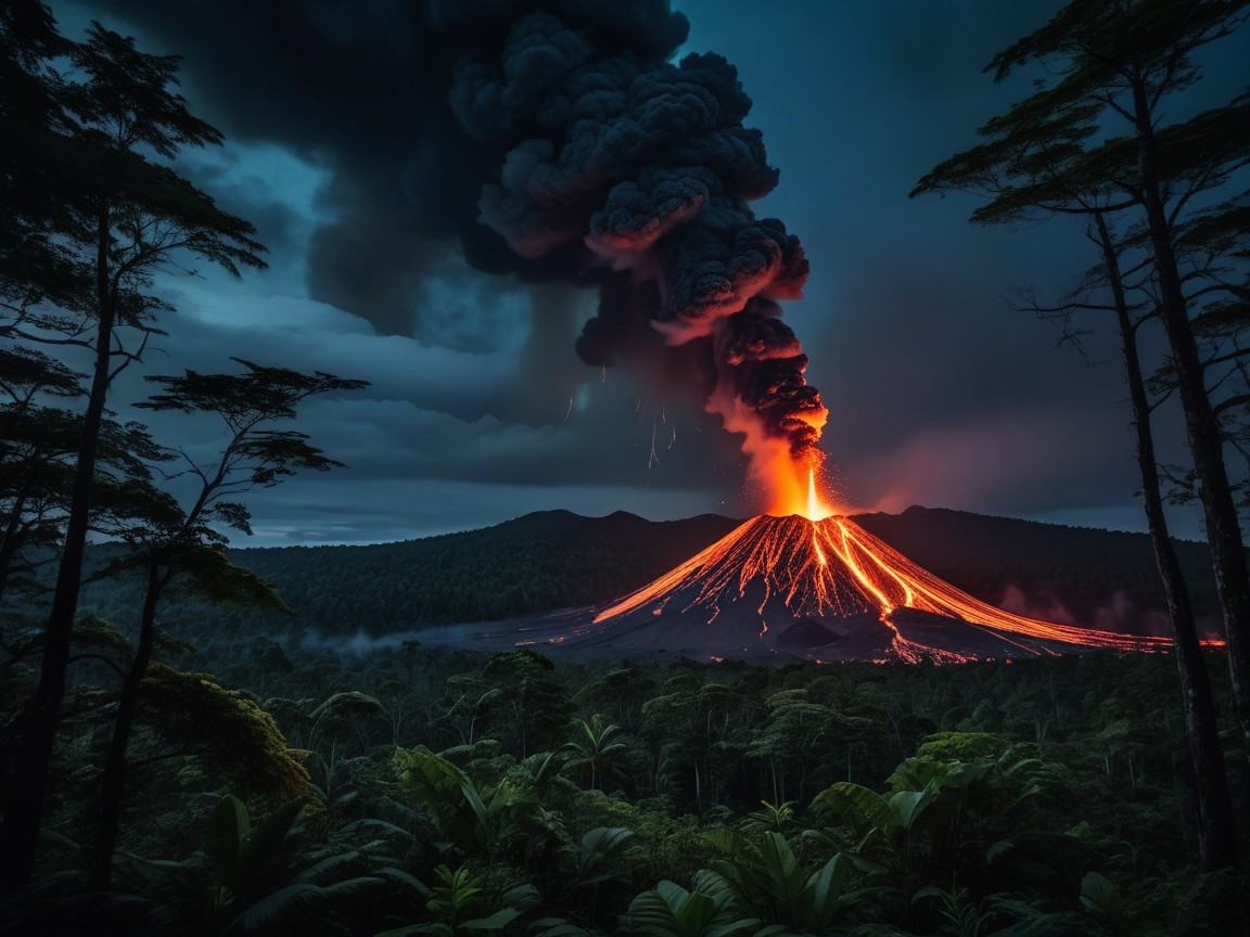 Volcanic Eruption with Lava and Smoke at Night