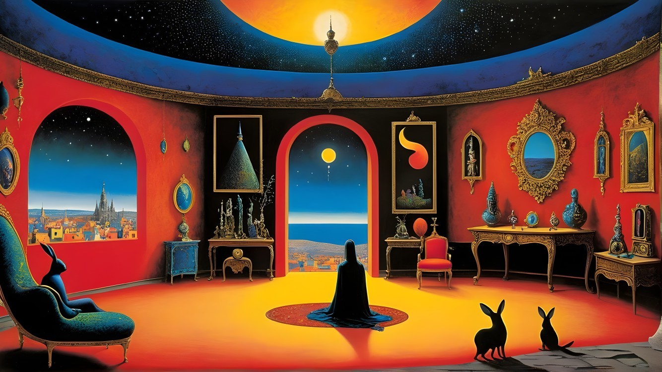 Surreal Room with Red Walls and Starry Night View