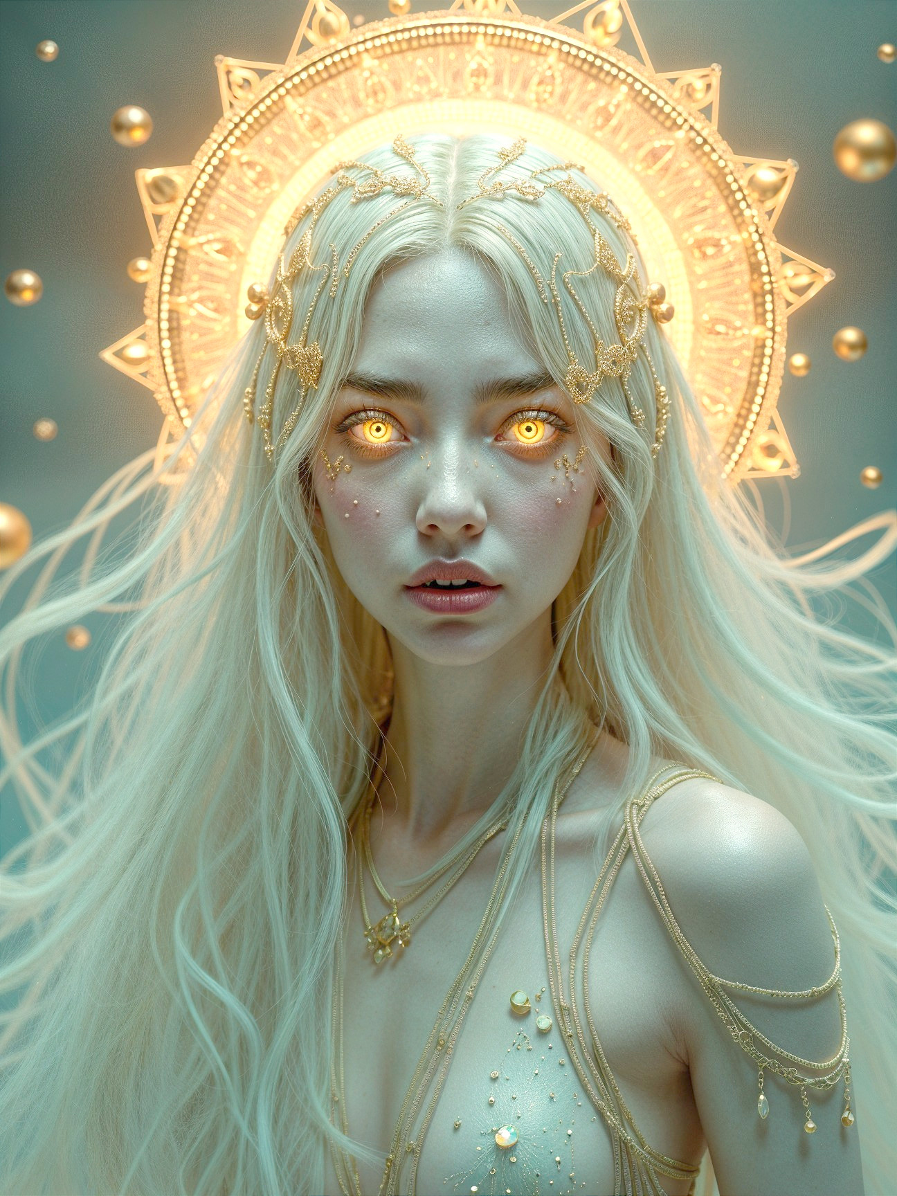 Mystical figure with white hair and celestial accents