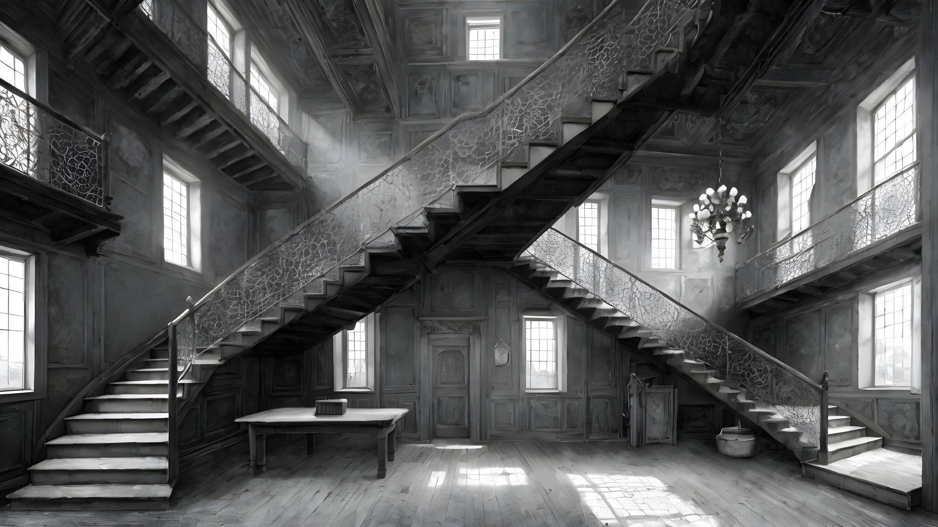 Dimly Lit Room with Ornate Split Staircase and Table