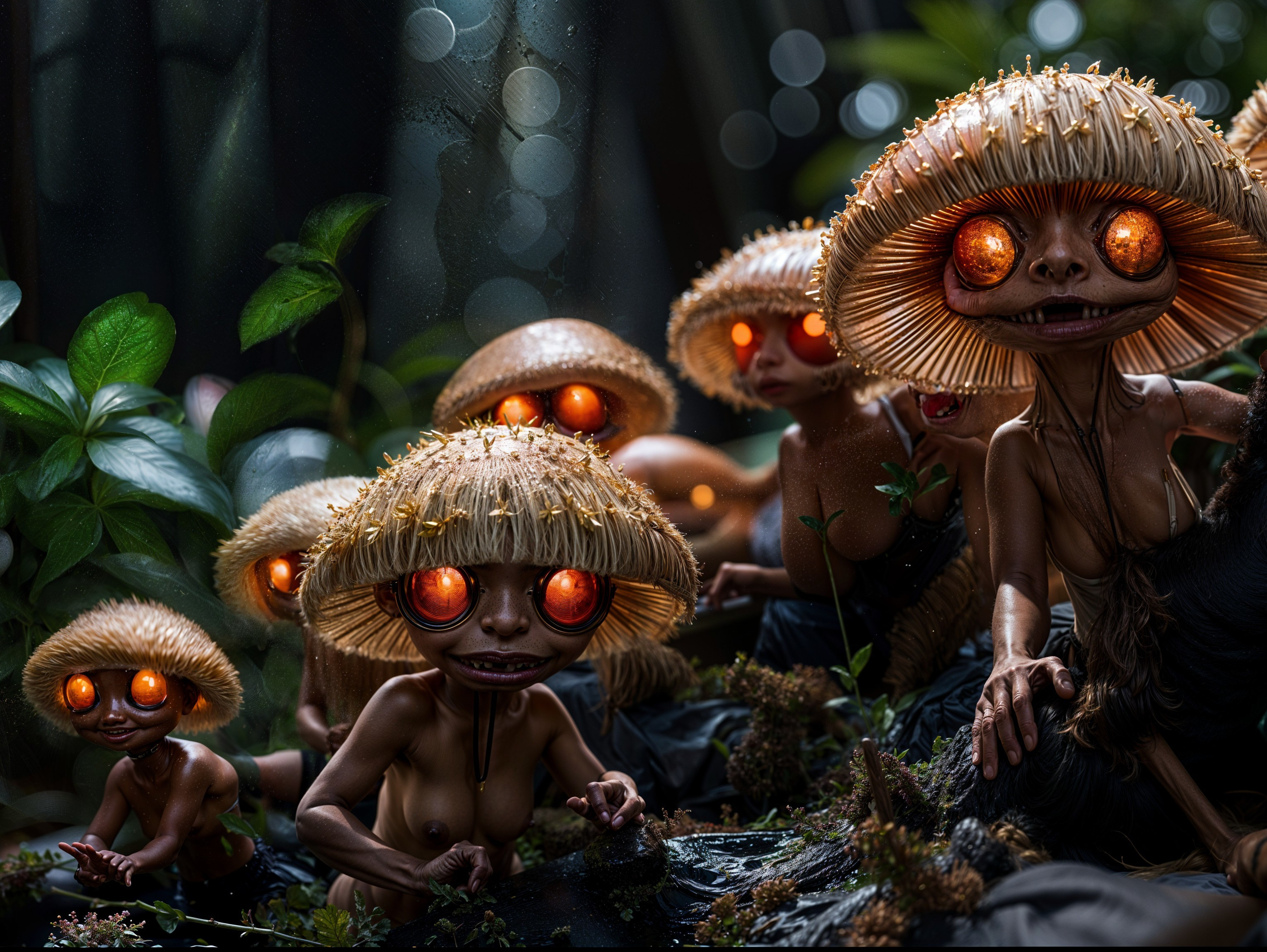 Whimsical Mushroom-Headed Creatures in Enchanted Forest