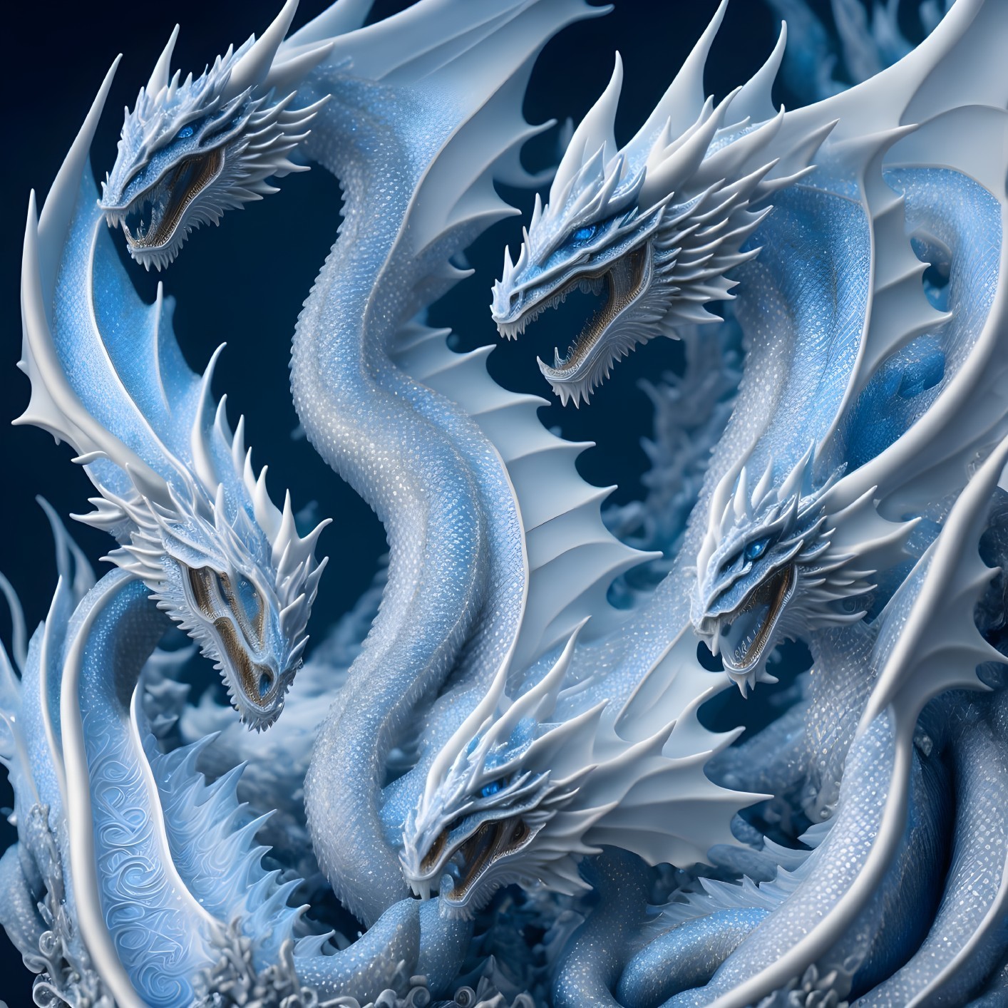 Multi-Headed Dragon with Icy-Blue Texture and Glow