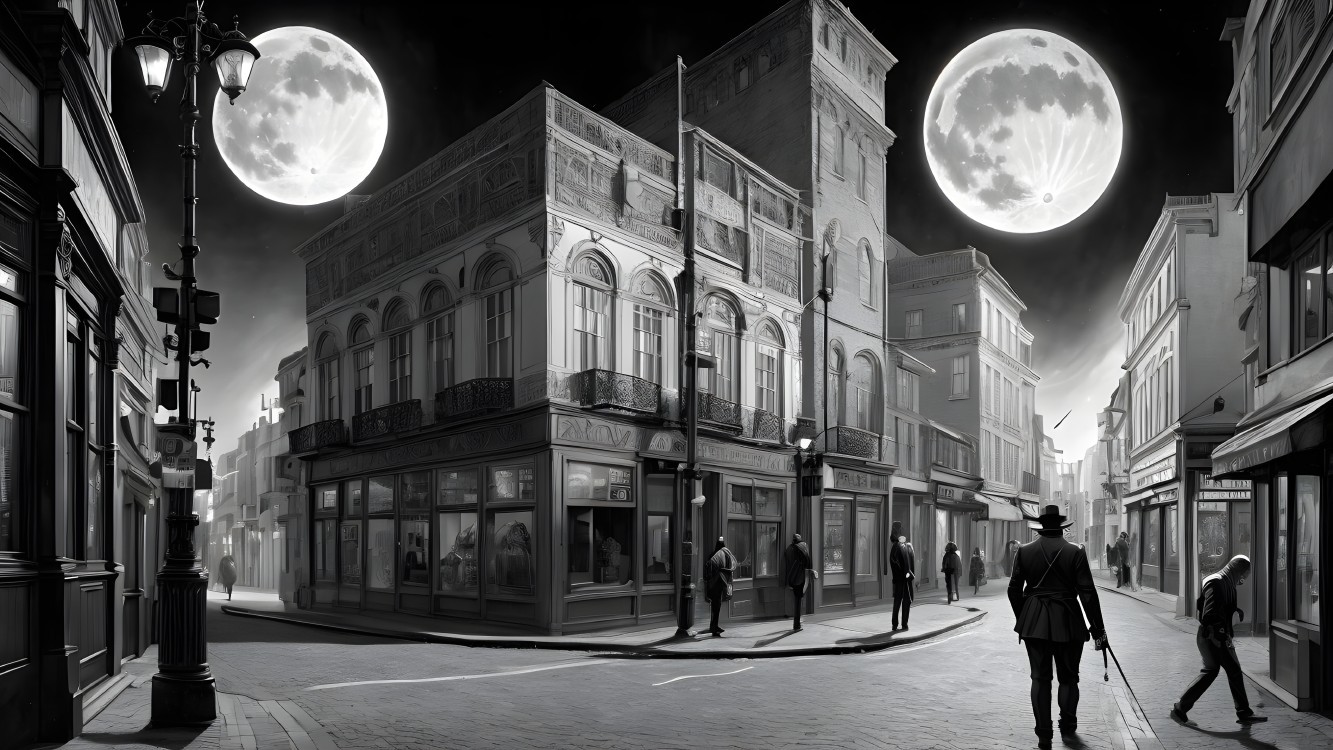 Noir-Inspired Street Scene with Vintage Building and Moons