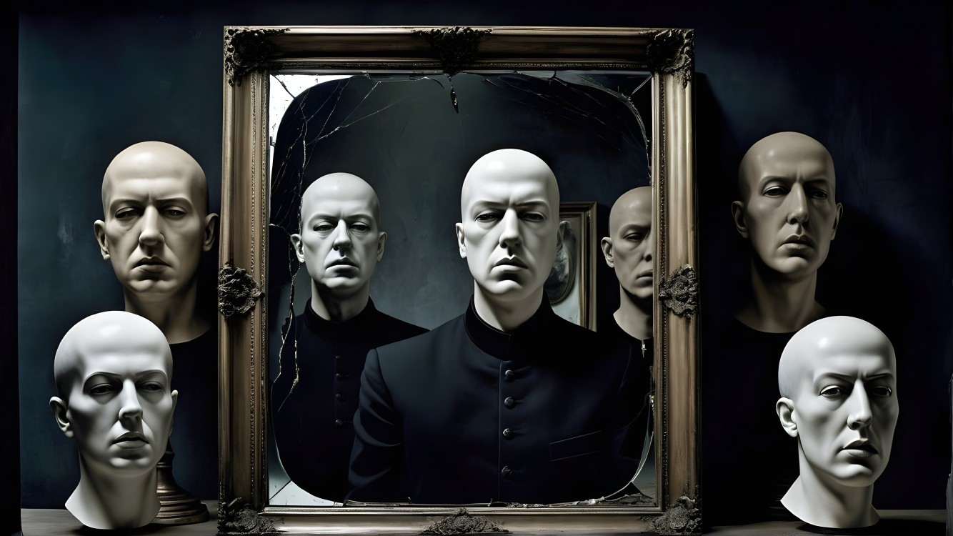 Central figure with mannequins and cracked mirror
