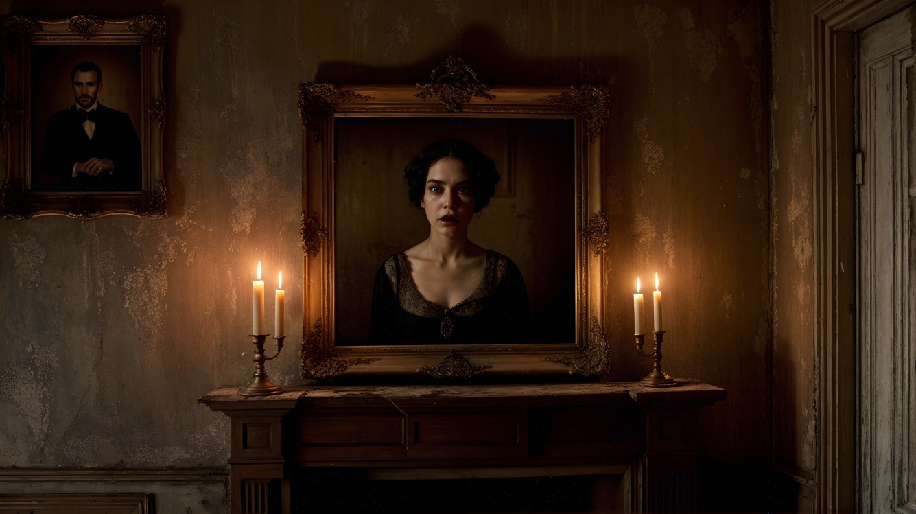 Vintage Portrait in Dimly Lit Room with Candlelight