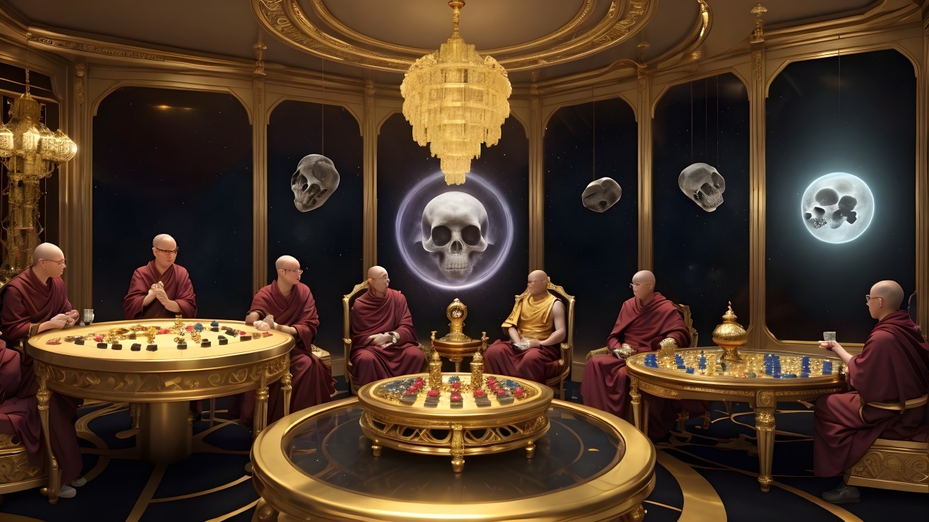Monks in Red Robes in a Lavish Gold-Trimmed Room