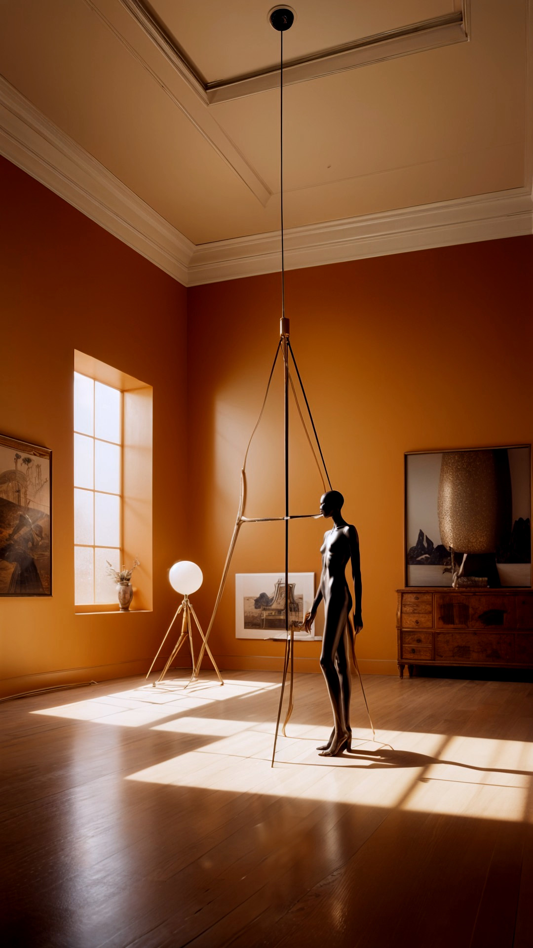 Contemporary Art Gallery with Orange Walls and Mannequin