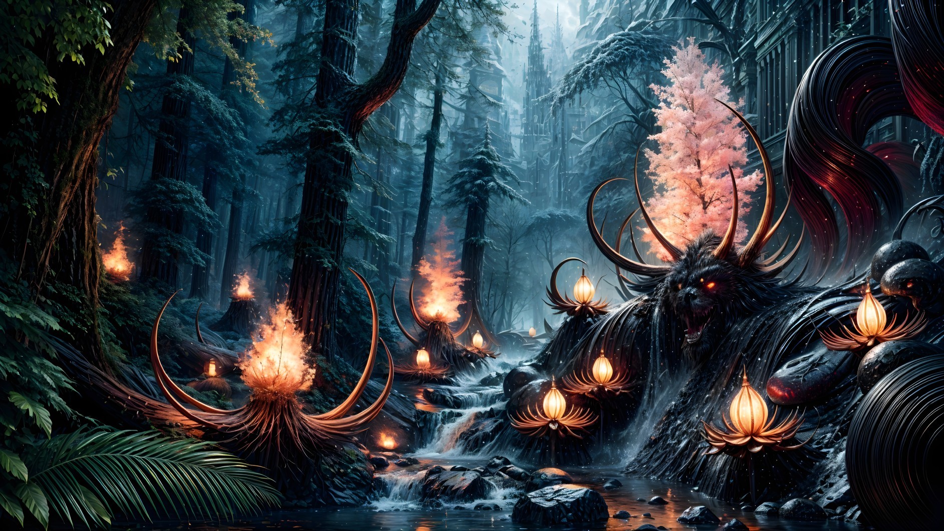 Mystical forest with glowing rock formations and trees