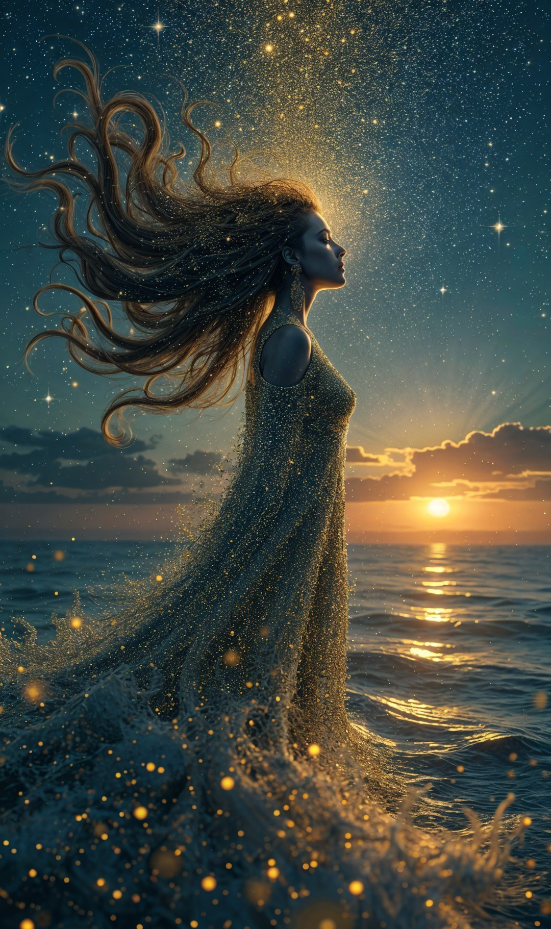 Silhouette of a woman in ocean at sunset with stars