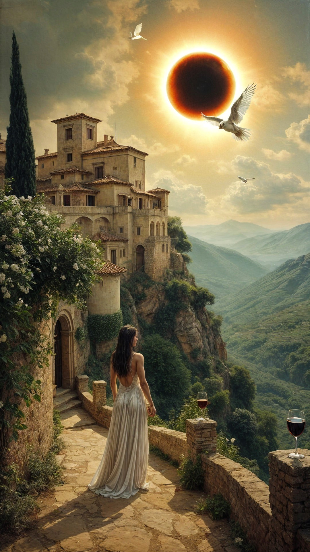 Woman in White Gown Overlooks Village During Eclipse