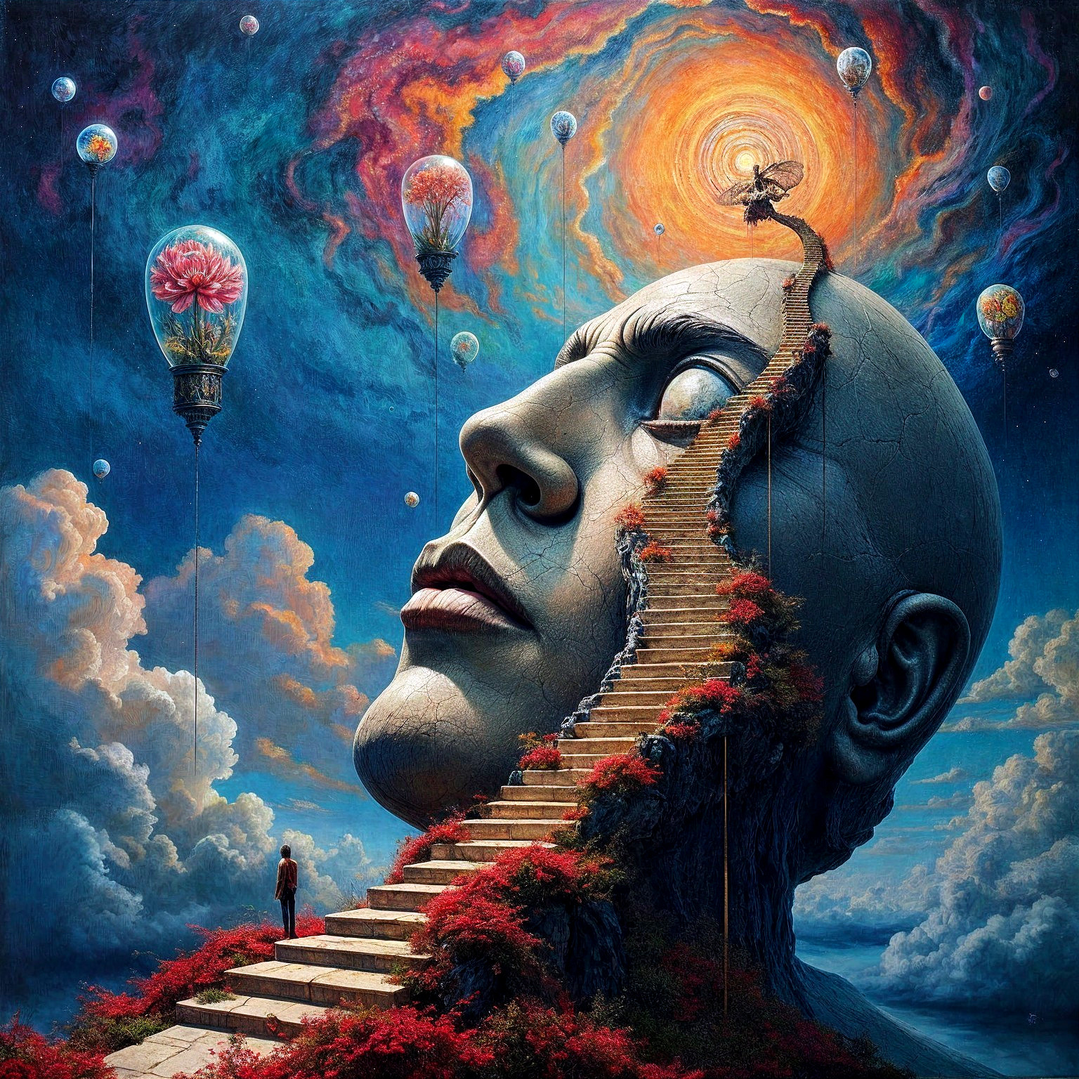 Surreal Landscape with Giant Cracked Head and Balloons