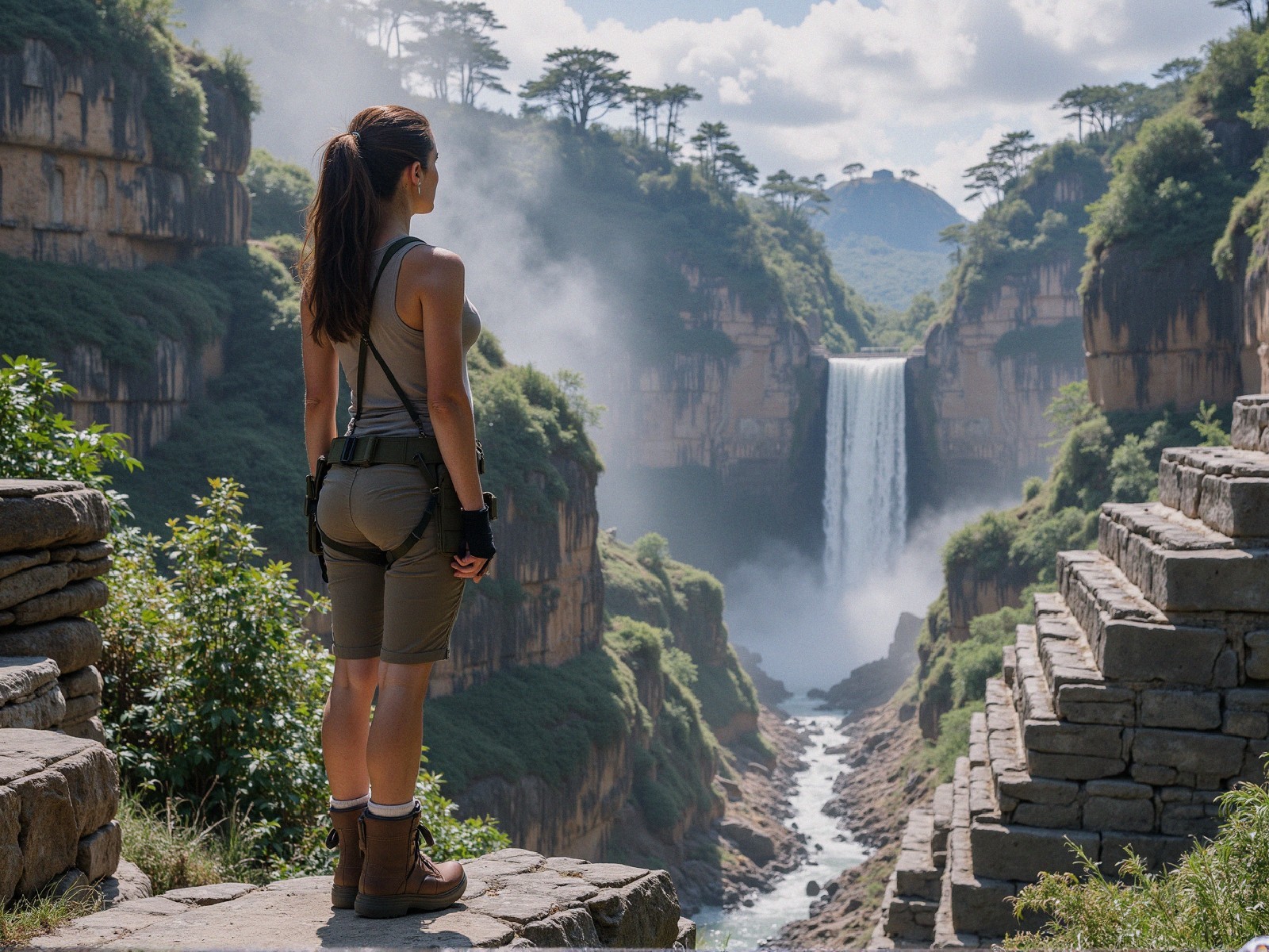Woman on Ledge Overlooking Waterfall in Lush Valley
