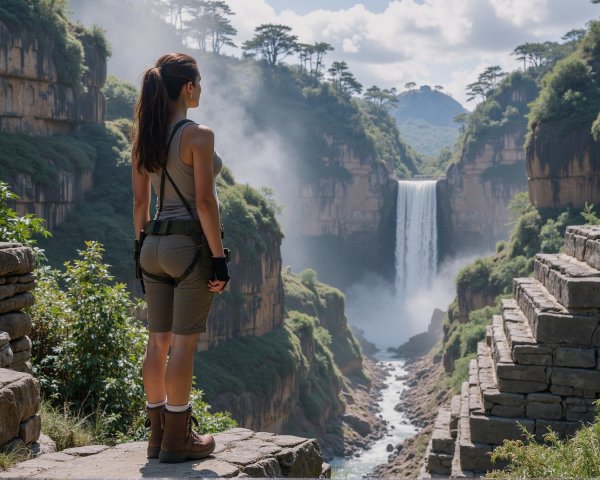 Woman on Ledge Overlooking Waterfall in Lush Valley
