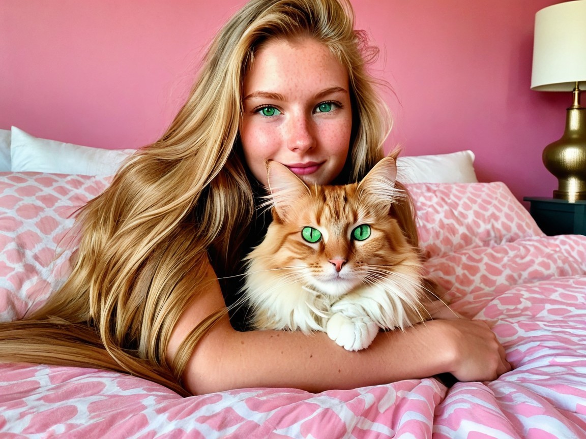 A girl with her cat on her bed