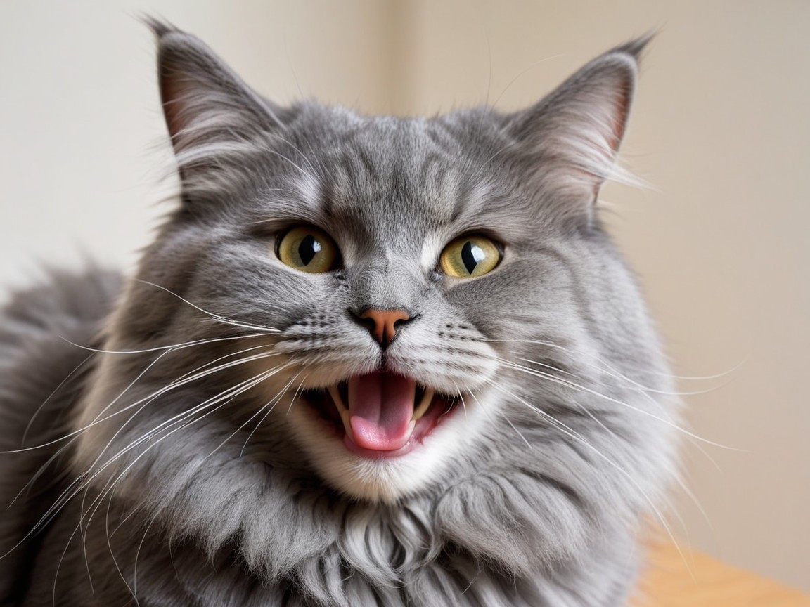 Close-up of a fluffy gray cat with yellow eyes