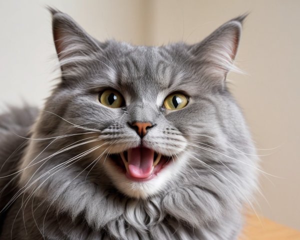 Close-up of a fluffy gray cat with yellow eyes