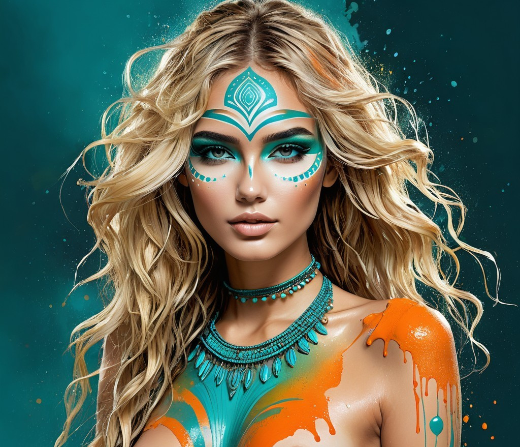 Portrait of a Woman with Turquoise Face Paint