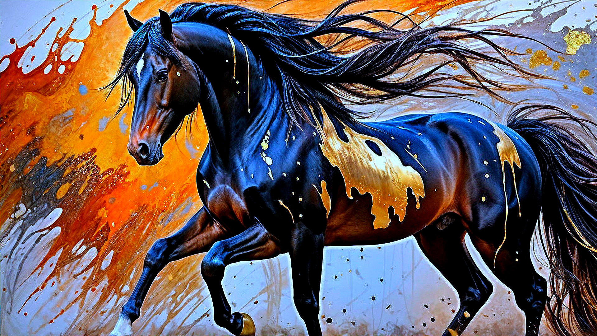 Black horse in motion with vibrant orange and gold accents