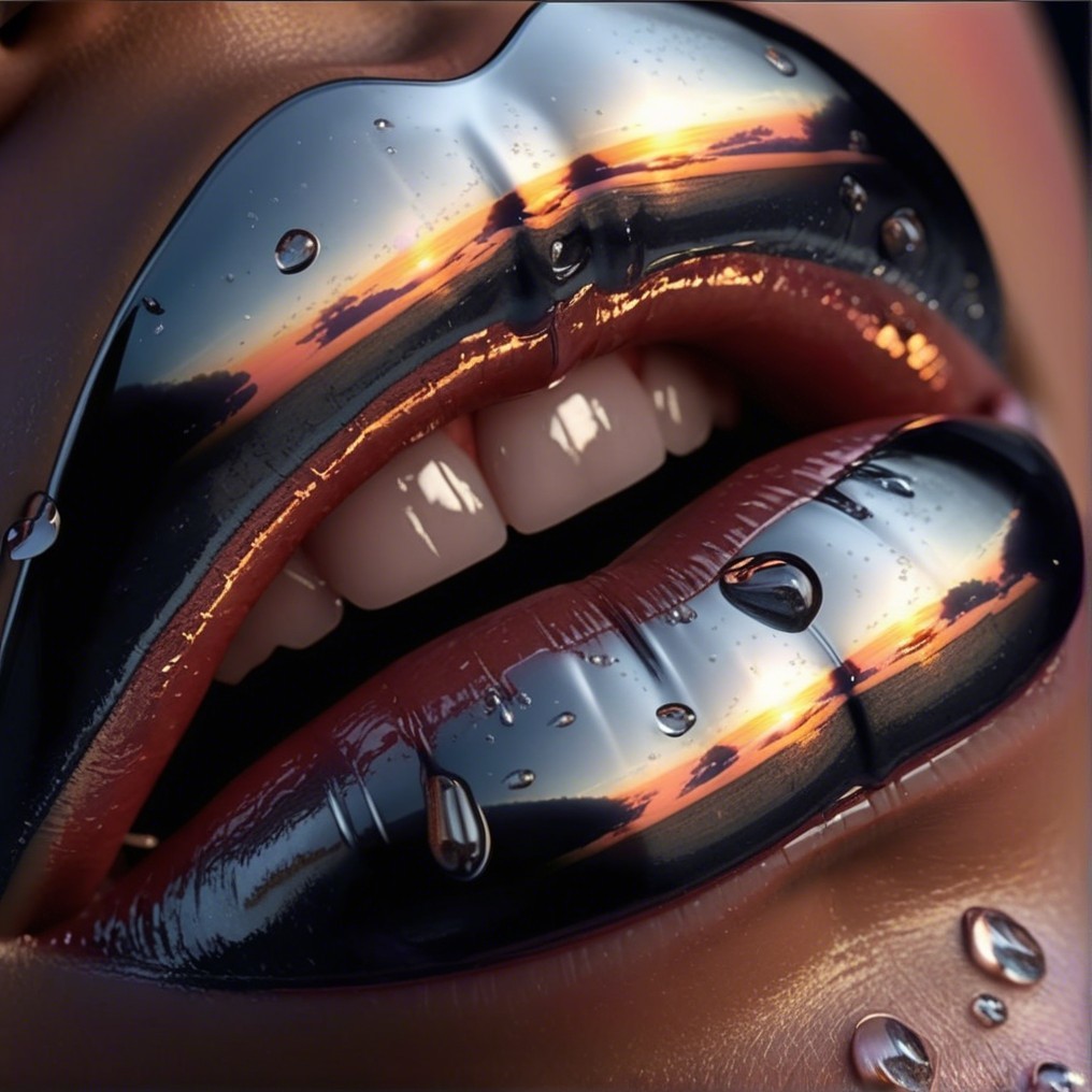Close-Up of Glossy Lips Reflecting Sunset Over Ocean
