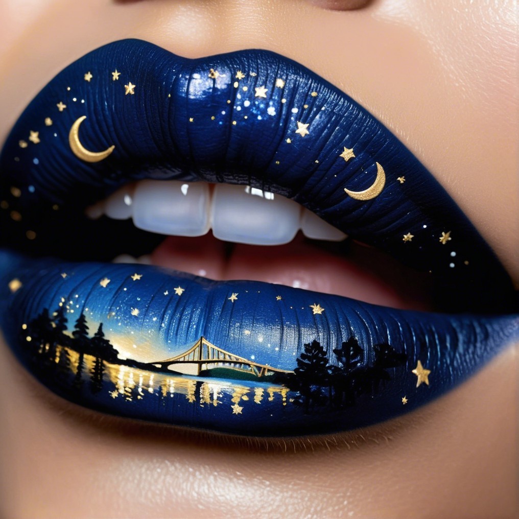 Celestial Lip Art with Night Sky and Golden Accents