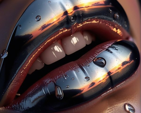 Close-Up of Glossy Lips Reflecting Sunset Over Ocean
