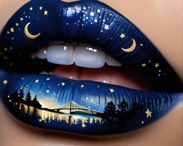 Celestial Lip Art with Night Sky and Golden Accents