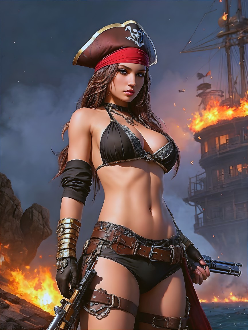Fierce Female Pirate in Fiery Adventure Setting