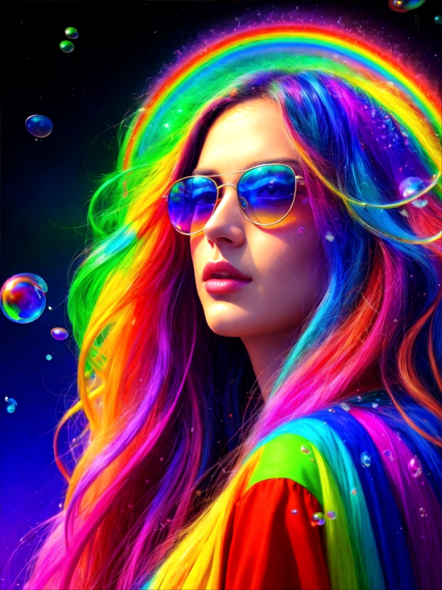 Vibrant Woman with Rainbow Hair and Bubbles Scene