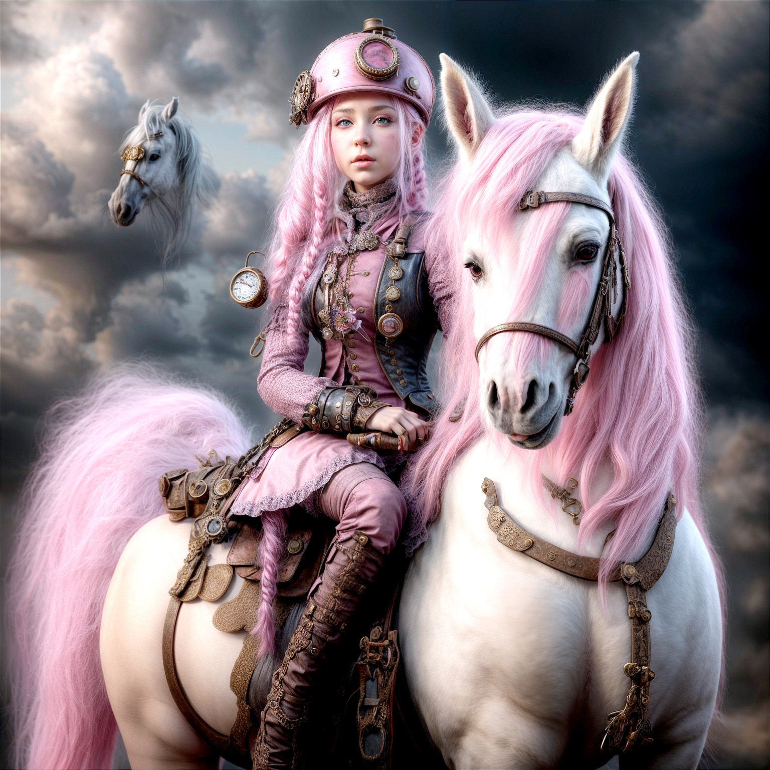 Young girl in steampunk attire on white horse
