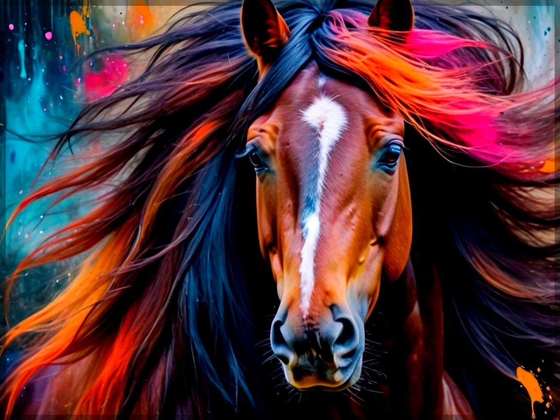 Vibrant Horse with Flowing Mane and Artistic Background