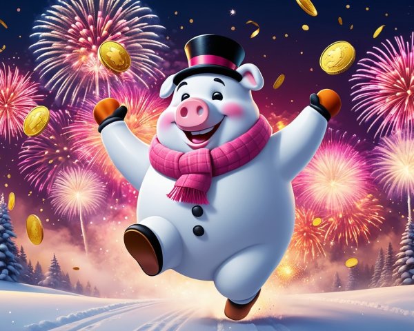 Cartoon White Pig in Top Hat Surrounded by Fireworks