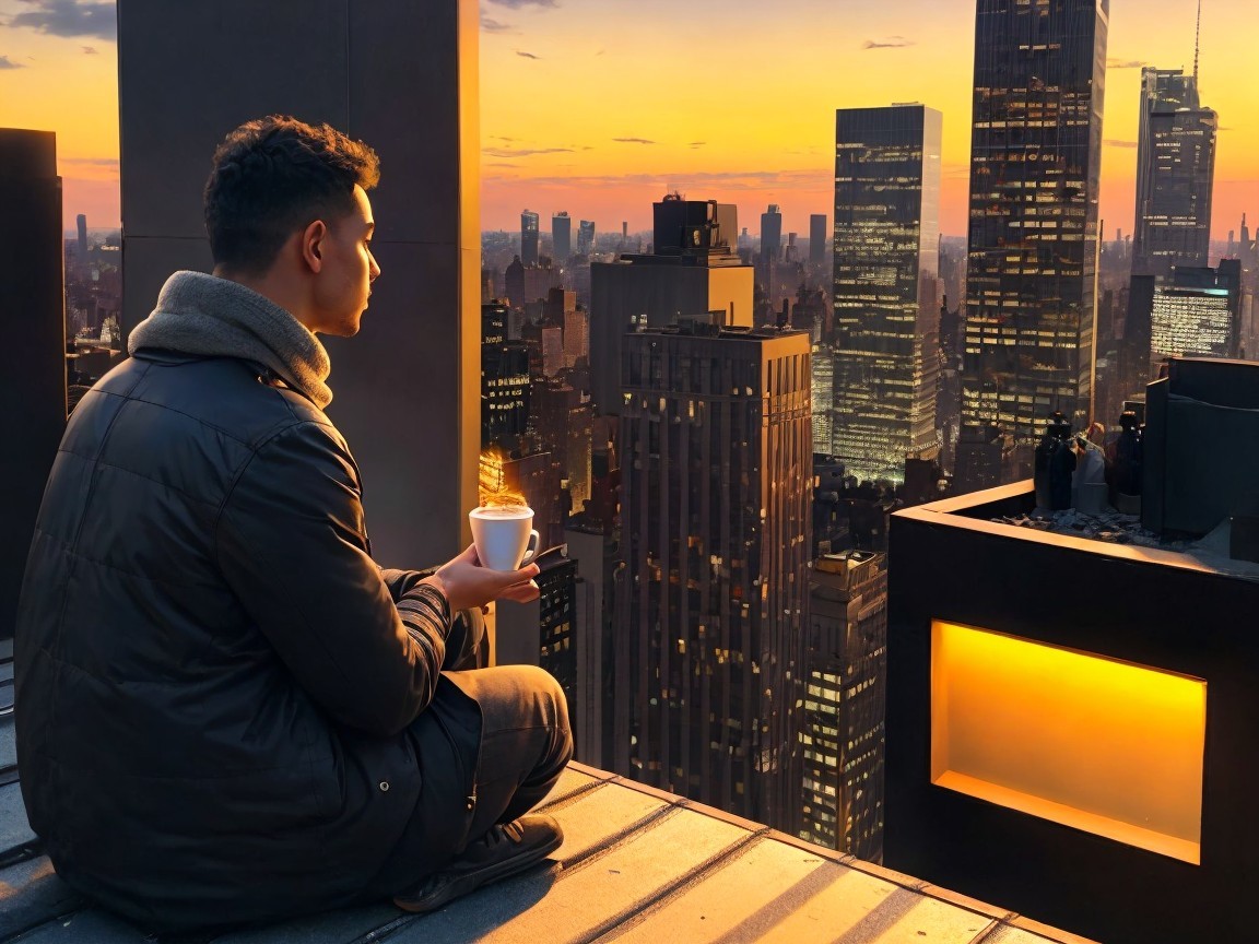 Person on Rooftop Observing Cityscape at Sunset