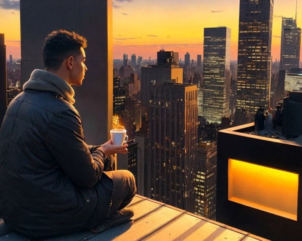 Person on Rooftop Observing Cityscape at Sunset