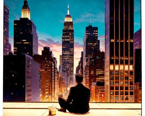 Silhouette Overlooking City Skyline at Dusk